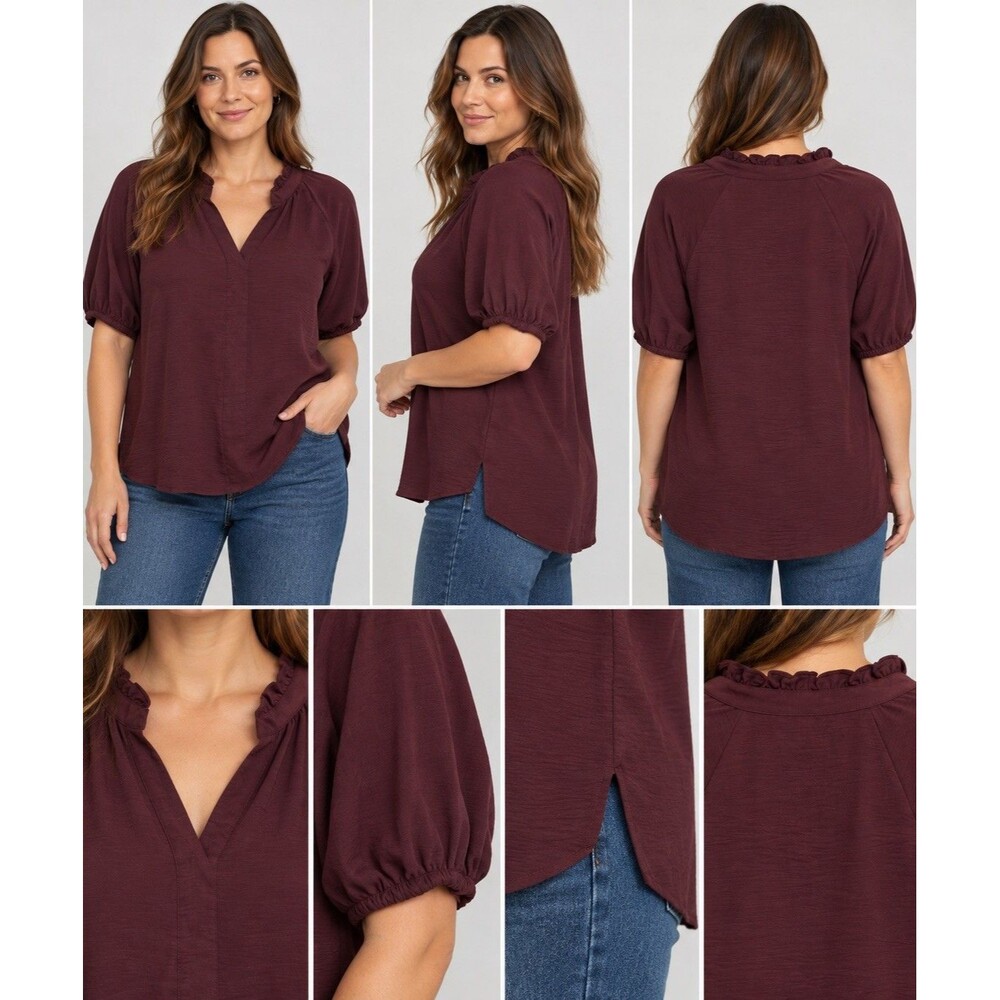 CeCe Women's Burgundy Ruffle Split V-Neck Short Sleeve Woven Blouse L